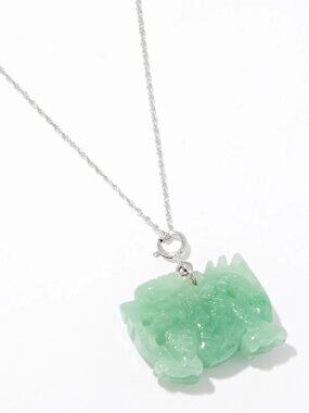 Roz Kwan Sterling Silver Carved Green Jade Dragon Pendant with Chain